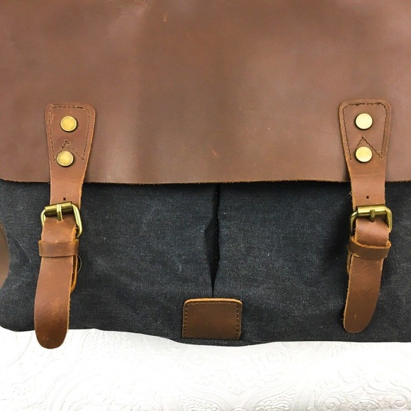 Retro leather & gray fabric laptop carry on travel work messenger bag - Picture 9 of 12